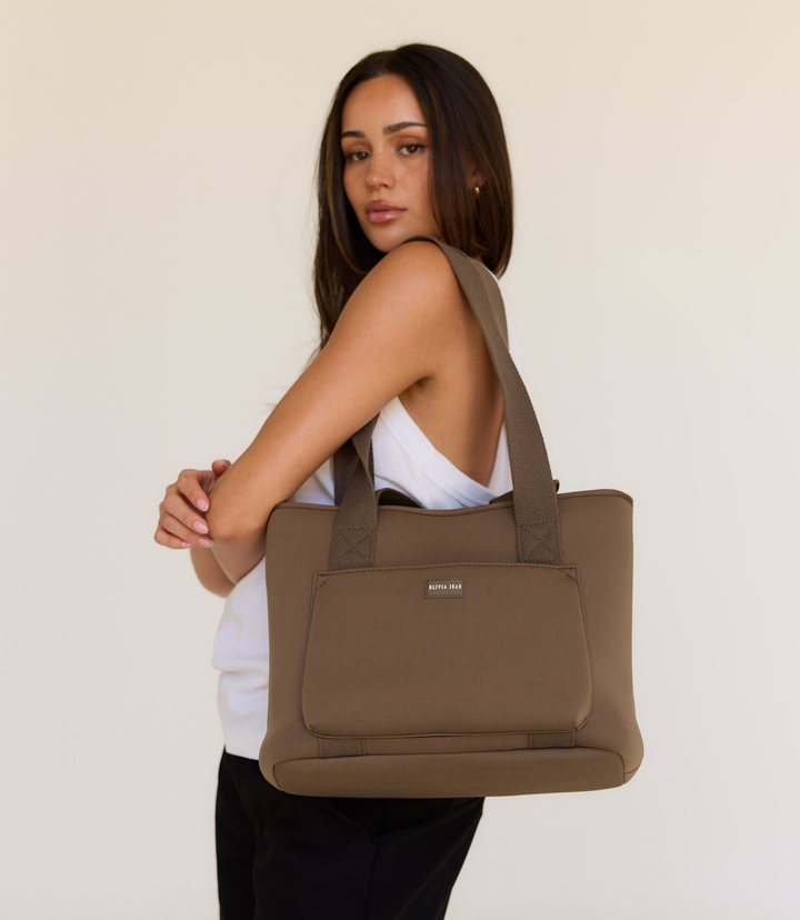 Rover (Taupe) Compact Neoprene Tote - With Zip Closure